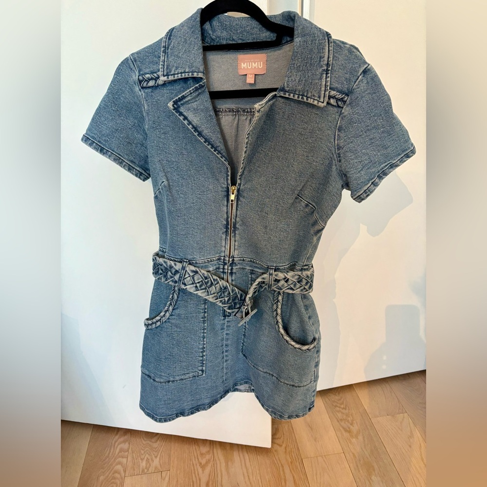 Mumu jean dress with adjustable belt, size medium, worn once